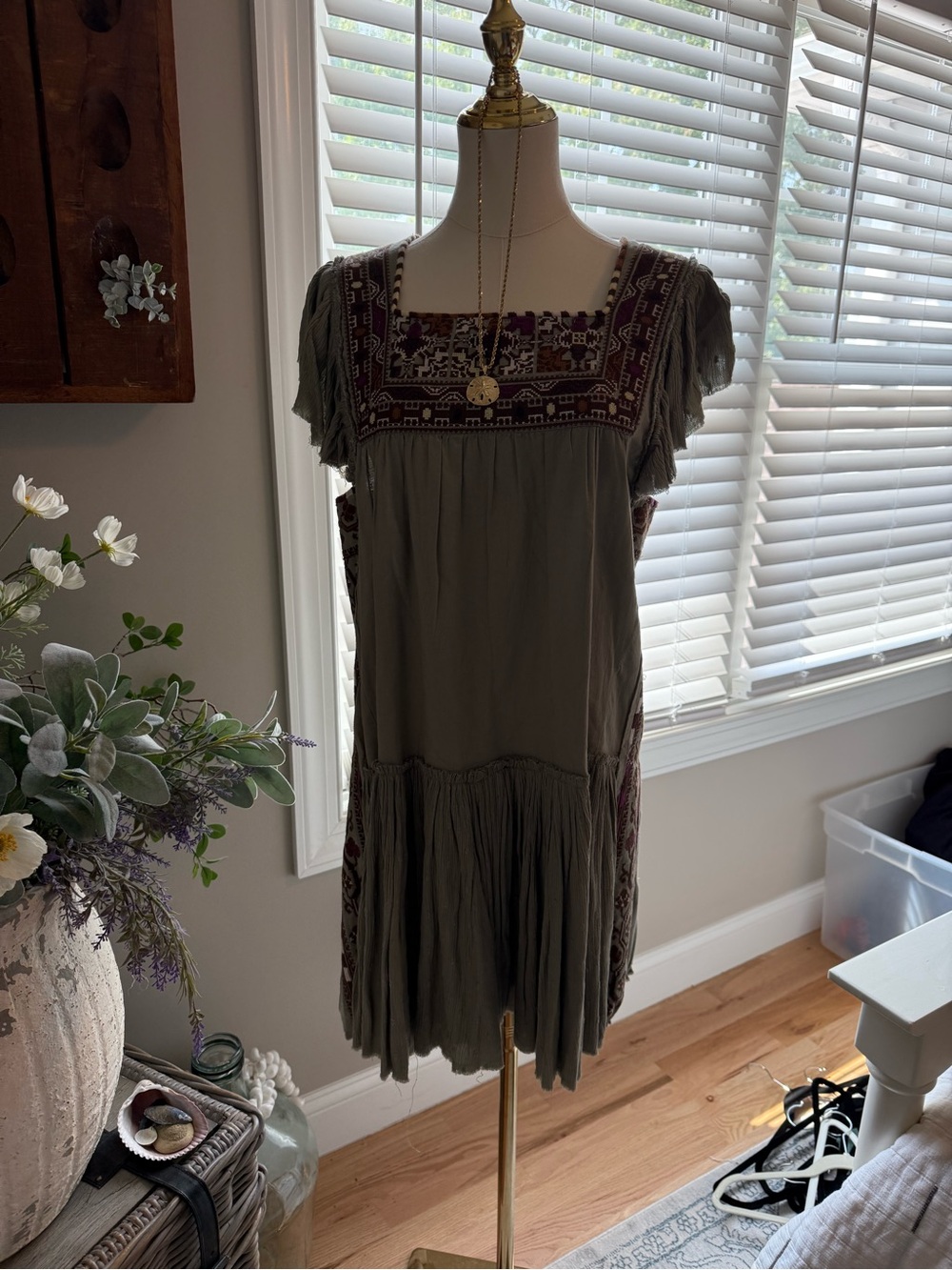 Free people Embroidered Olive Green Boho Scoop-Neck Dress